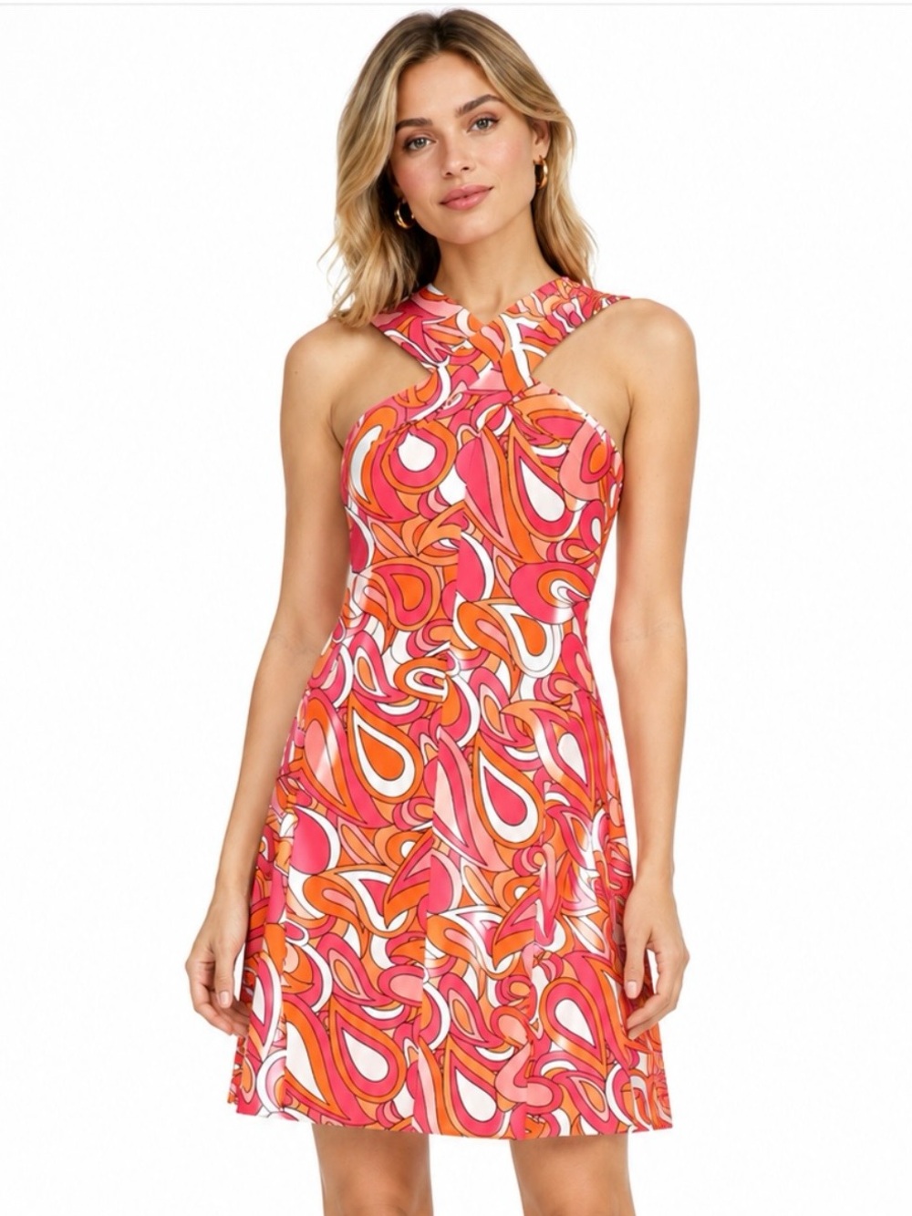 MICHAEL KORS Pink & Orange Swirly Psychedelic Printed Halter Dress Size Large